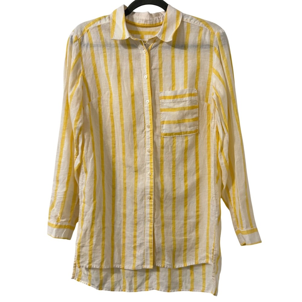 Anthropologie‎ Maeve Button Down Shirt XS Yellow White Linen Coastal Vacation